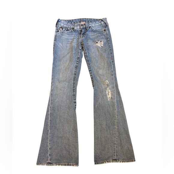 True Religion Denim Jeans Flower Embroidered Back Pocket Flare Boot Cut Size 27 - Picture 1 of 7
